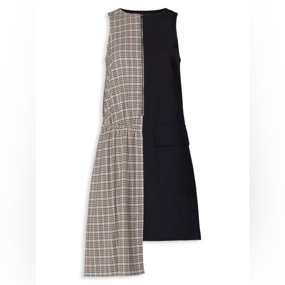 Tibi Asymmetrical Dress in Black and Plaid
